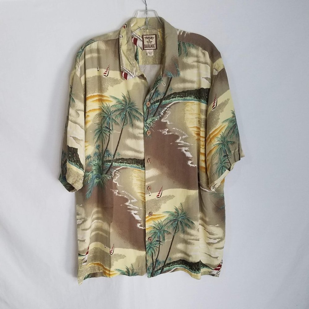 Tommy Bahama Silk Palm Tree Sailboat Button Front Hawaiian Shirt Mens Large